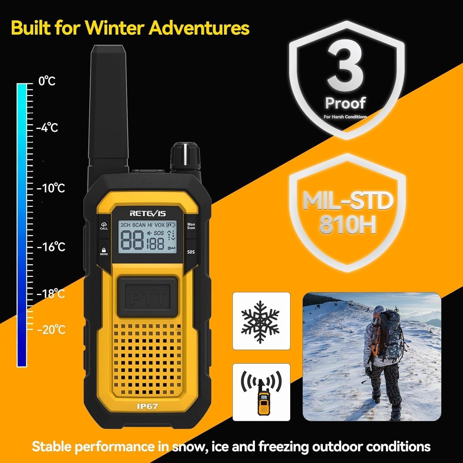 Rugged Waterproof Walkie Talkies IP67 Dual PTT 2000mAh 2 Pack