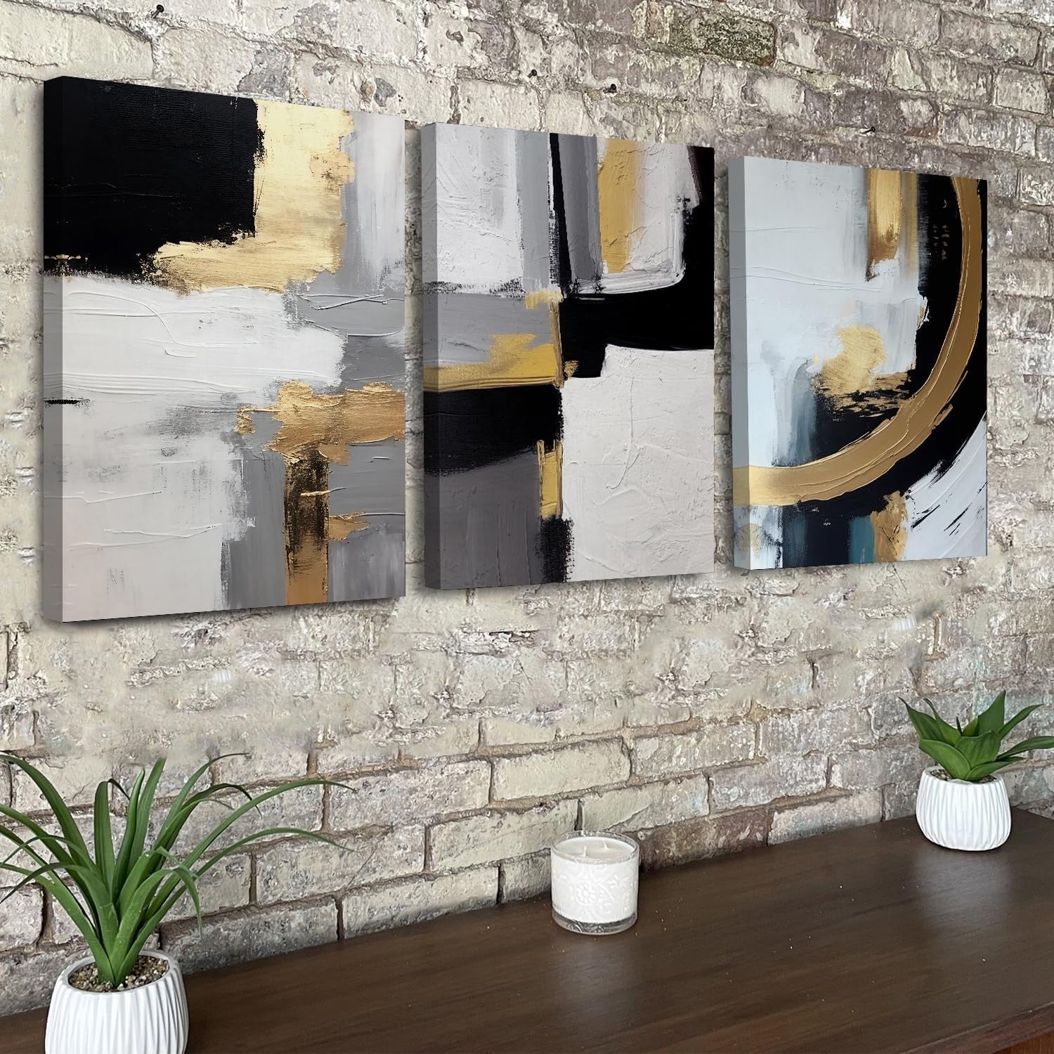 Set of 3 Black & White Abstract Canvas Wall Art 30x40cm