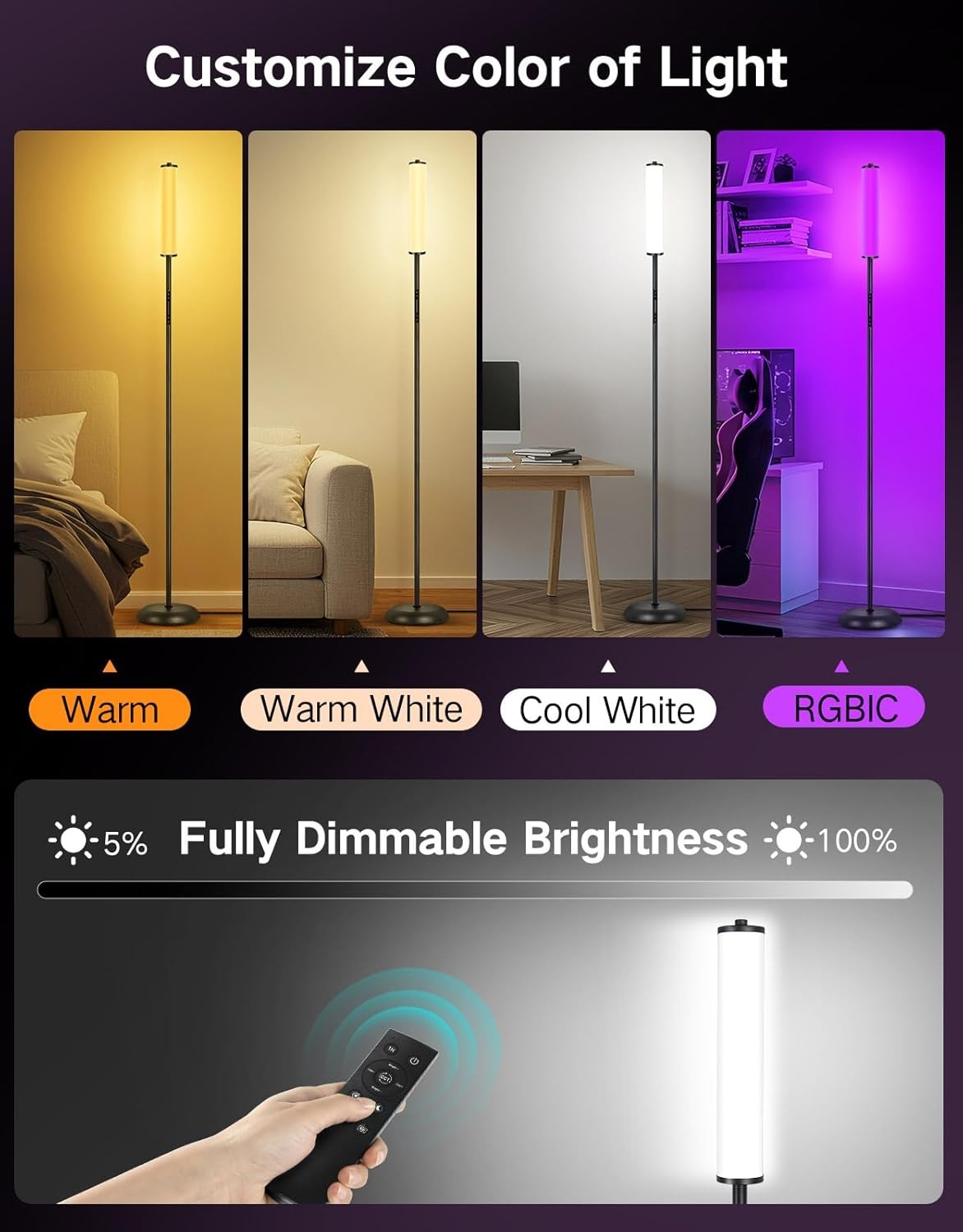 RGB Corner Floor Lamp 1500LM Smart LED Dimmable Remote App Music Sync