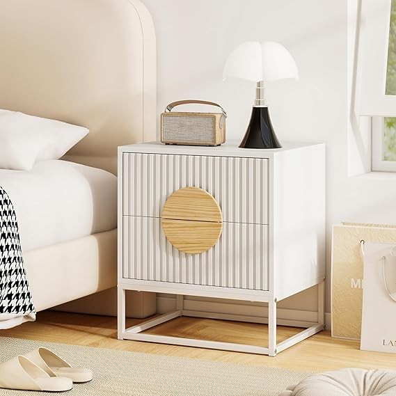 Set of 2 White Modern Bedside Tables – Dual Drawers Metal Frame Wood Accent