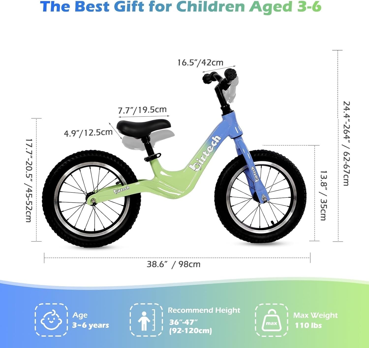 14 Inch Kids Balance Bike Air Tires Adjustable Seat Lightweight Age 3-6