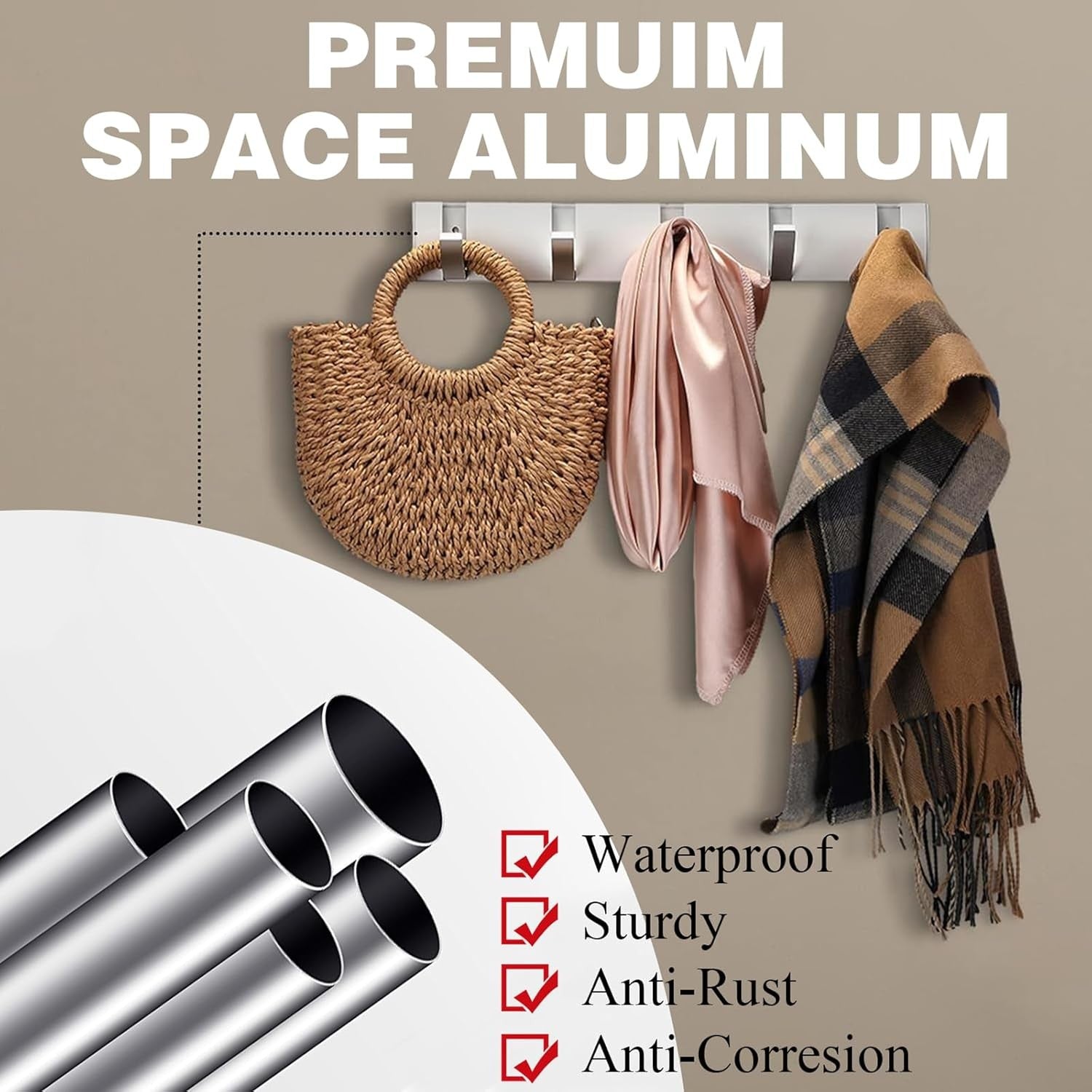 Aluminum Wall Coat Rack 8 Folding Hooks Space Saving Modern Hallway Hanger