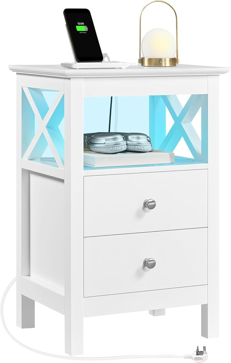 White Bedside Table with LED Lights & Charging Station – 2 Drawers & Shelf 30x40