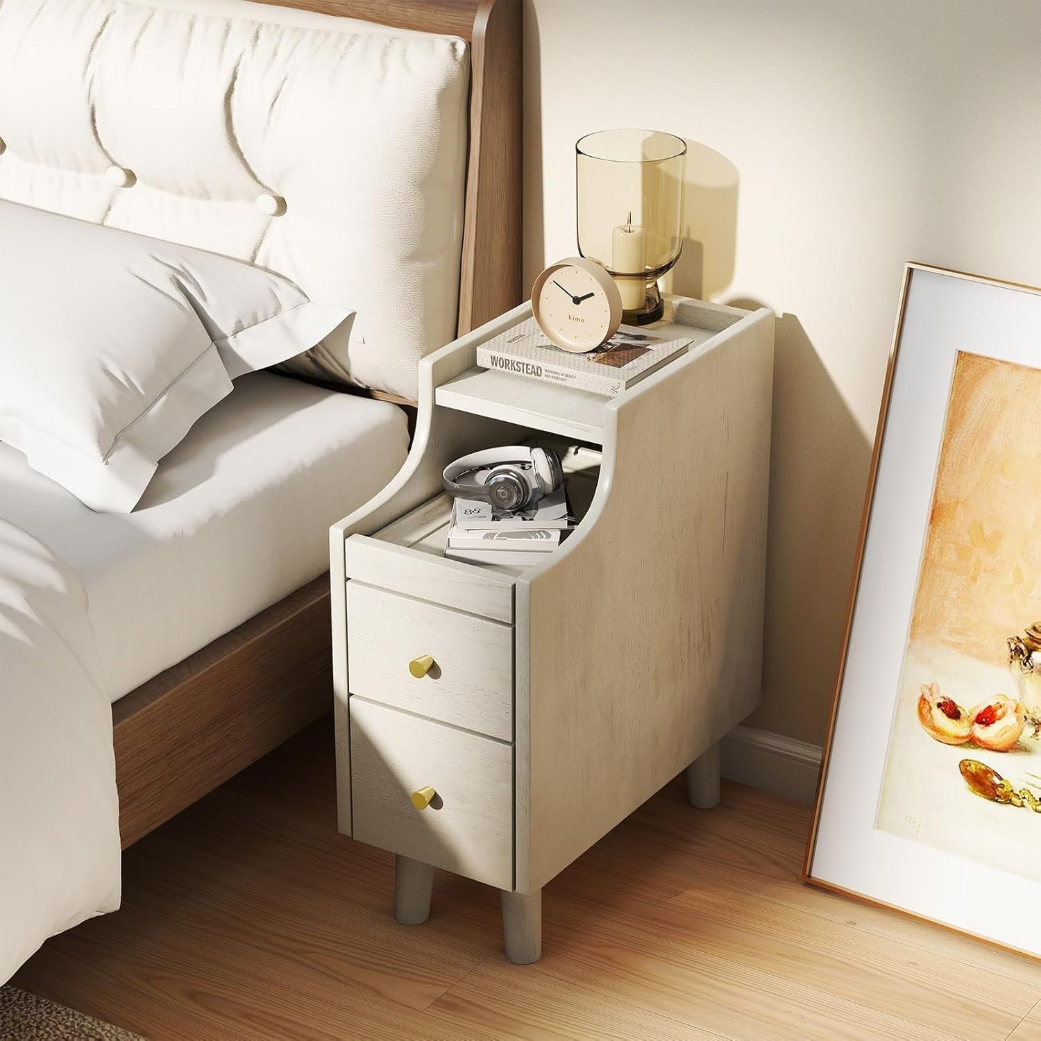 Slim White Bedside Table with 2 Drawers, Pull-Out Tray & Cable Hole, 41x20x50cm