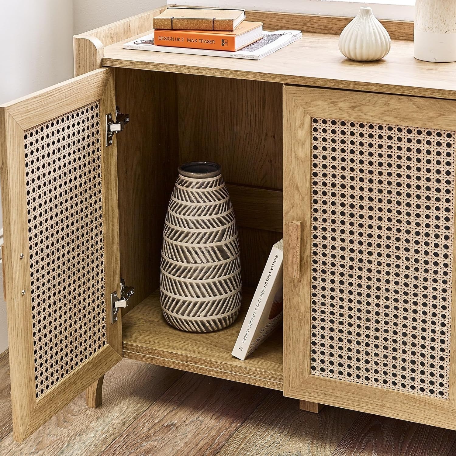 Bohemian Oak Sideboard 3 Doors Storage Cabinet with Shelving for Living Room
