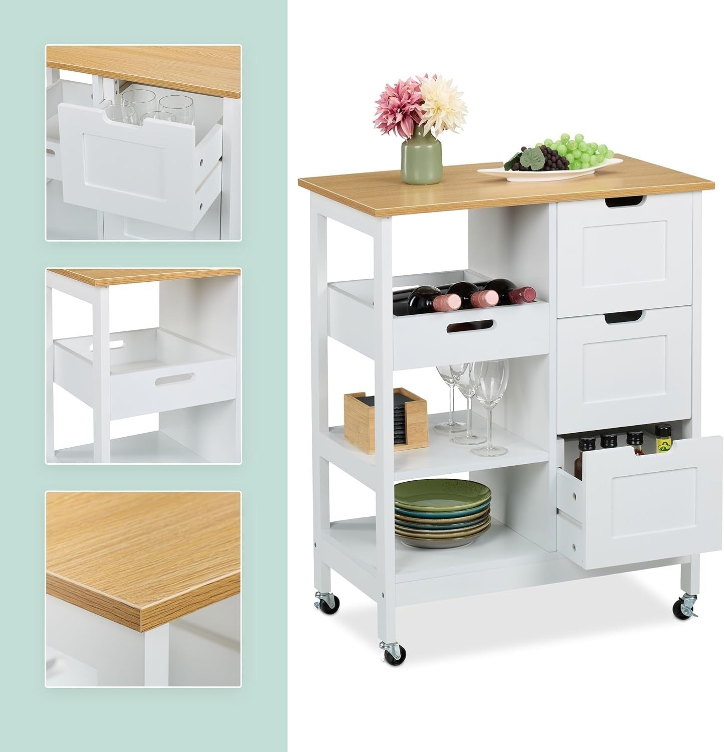 Rolling Kitchen Island Cart with 3 Drawers, Shelves & Wood Worktop, White
