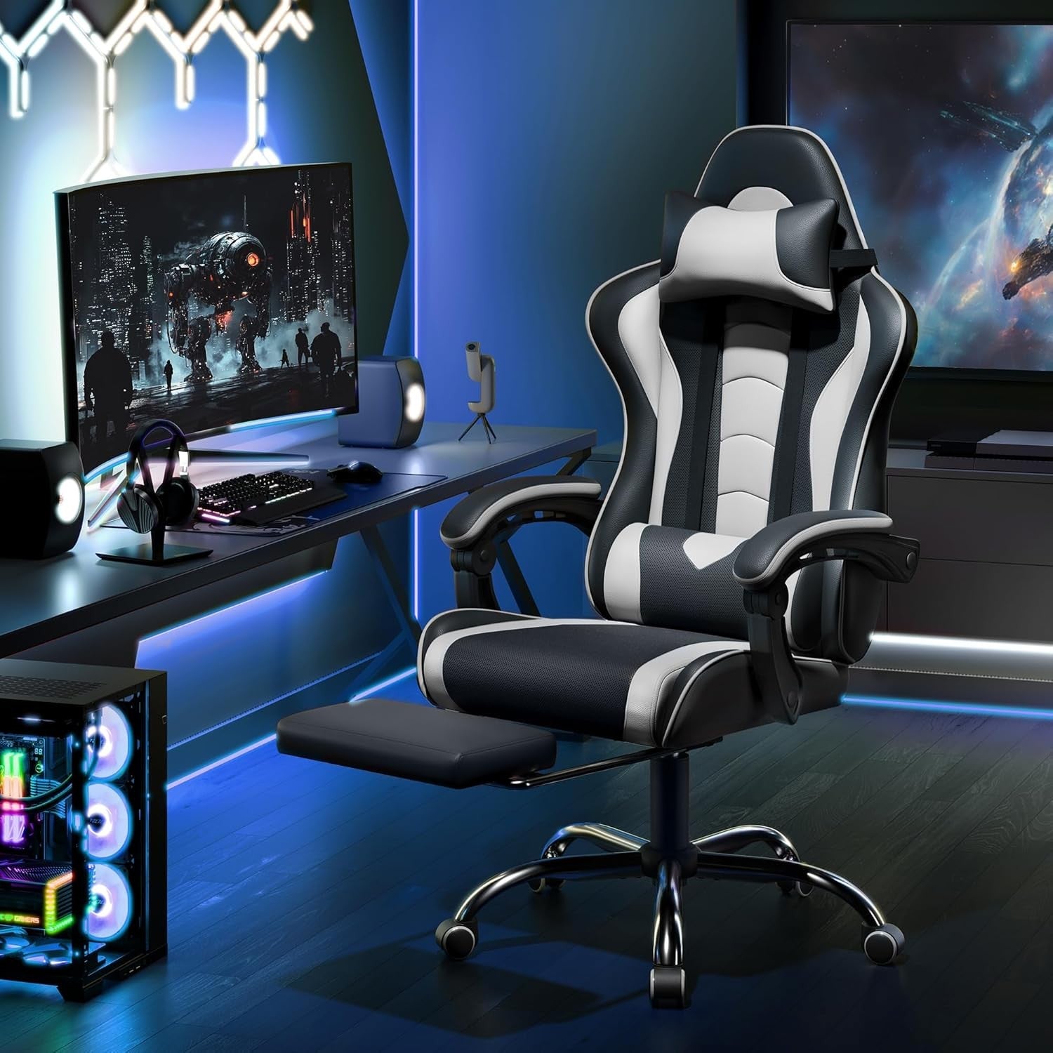Ergonomic Gaming Chair Recliner w/ Footrest Massage Lumbar