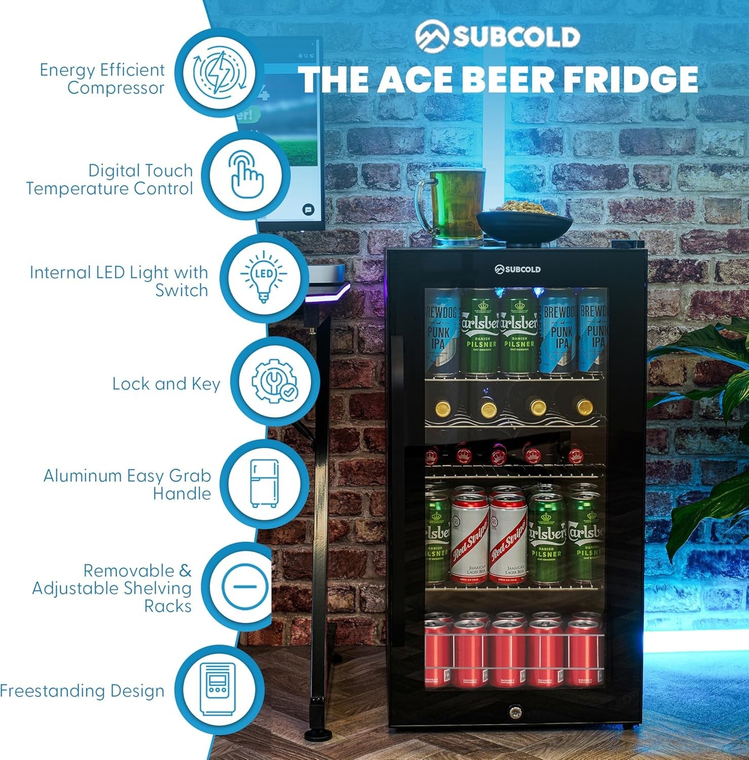 LED Beer Fridge Glass Door Touch Control Lockable Under Counter Drinks Cooler