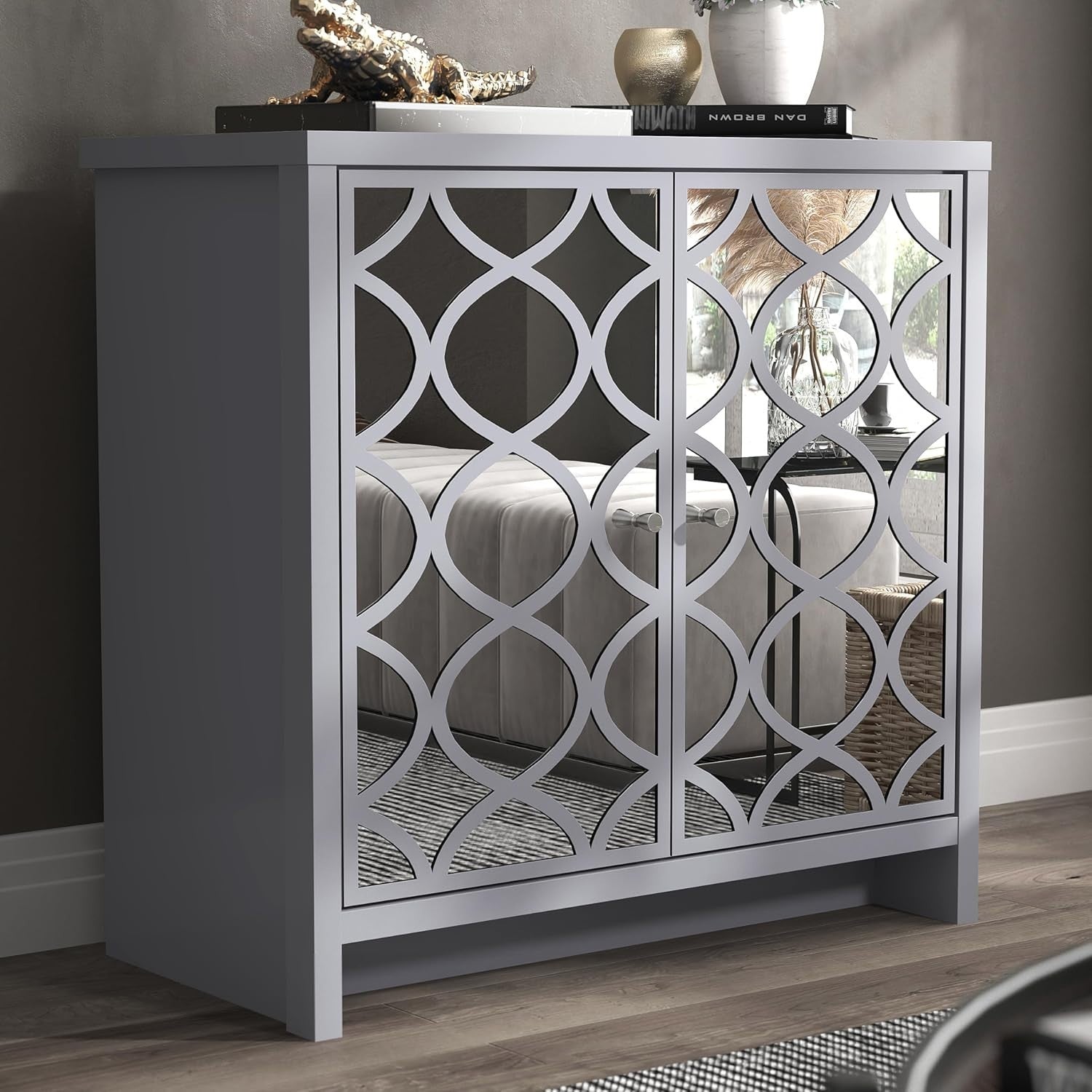 Grey Mirrored Sideboard Cabinet 2 Door Storage Unit for Hallway Living