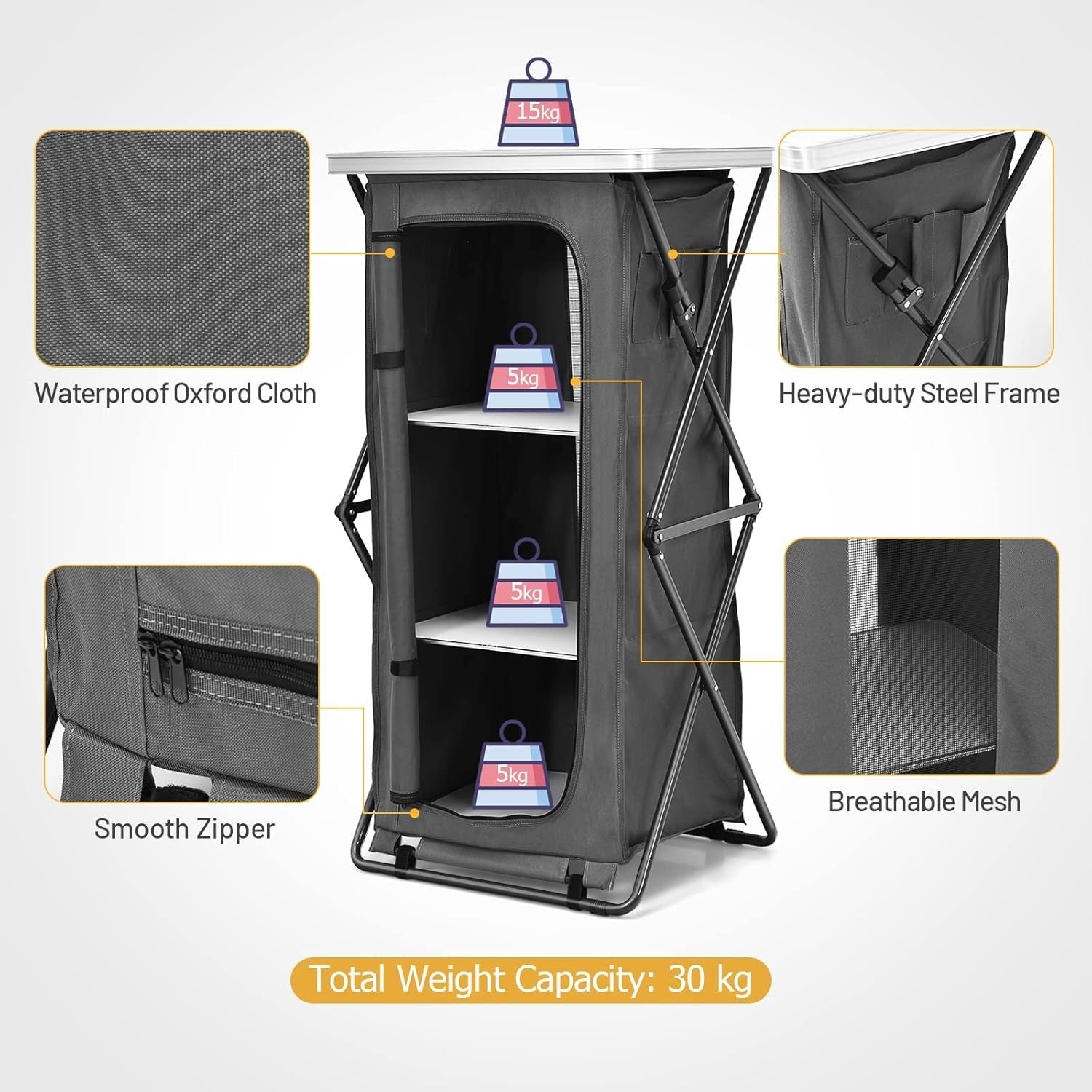 Folding Camping Cupboard 3 Shelves Waterproof Portable BBQ Storage Unit