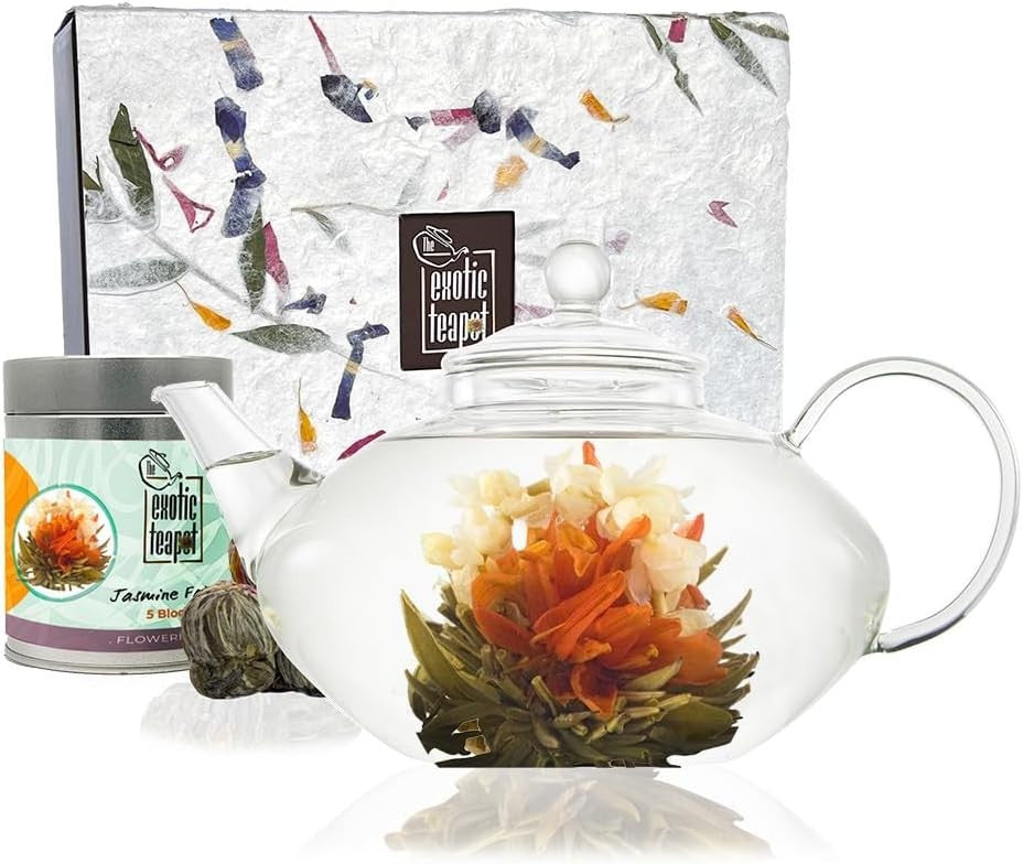 800ml Glass Teapot Gift Set with 5 Blooming Jasmine Flower Teas