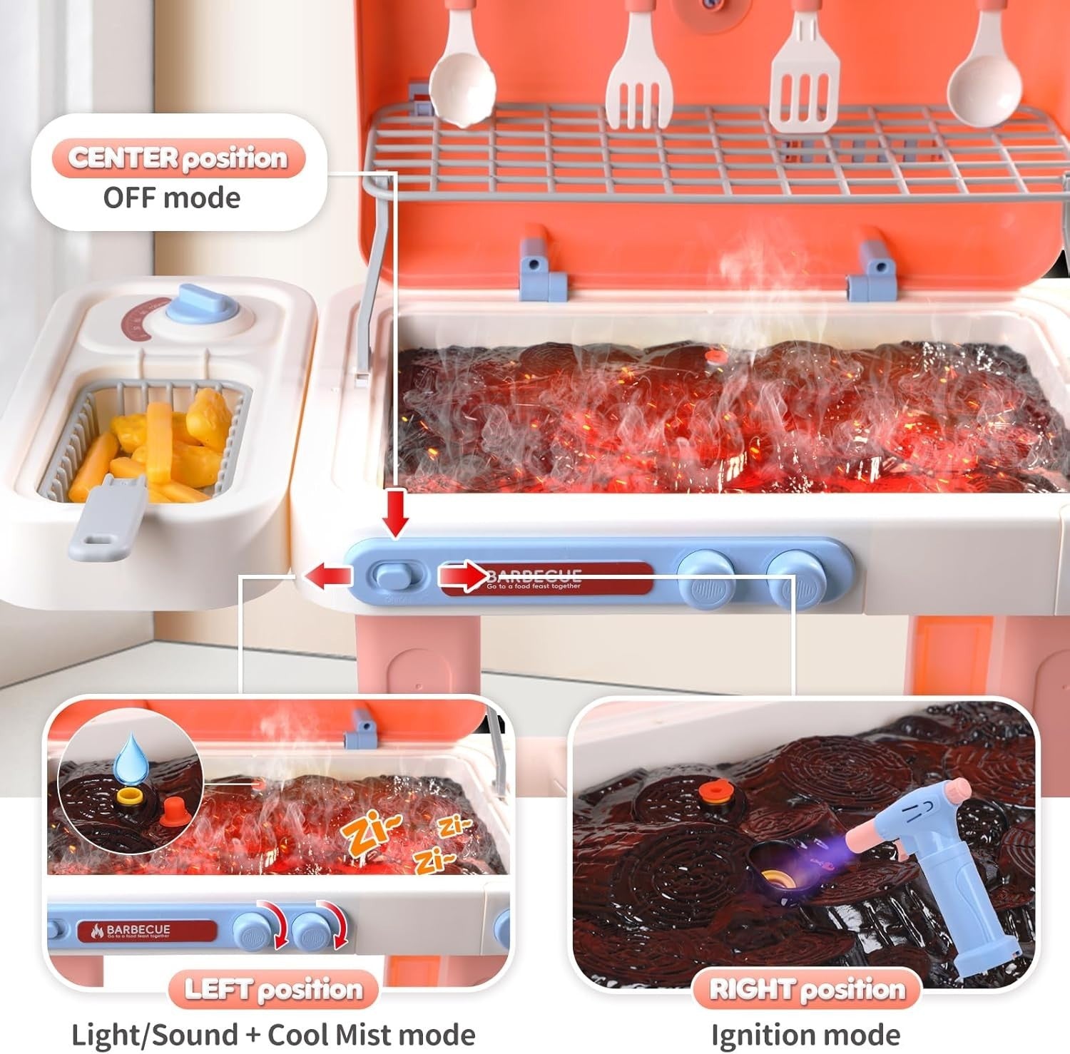 Kids BBQ Grill Toy Set w/ Mist Spray Lights Sounds Color Change