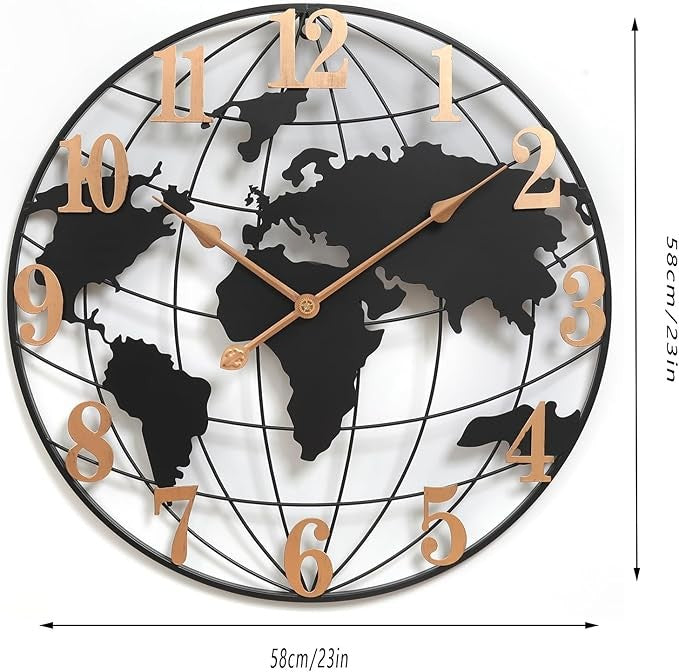 23" Large World Map Wall Clock Modern Silent Metal Black Gold Home Decor