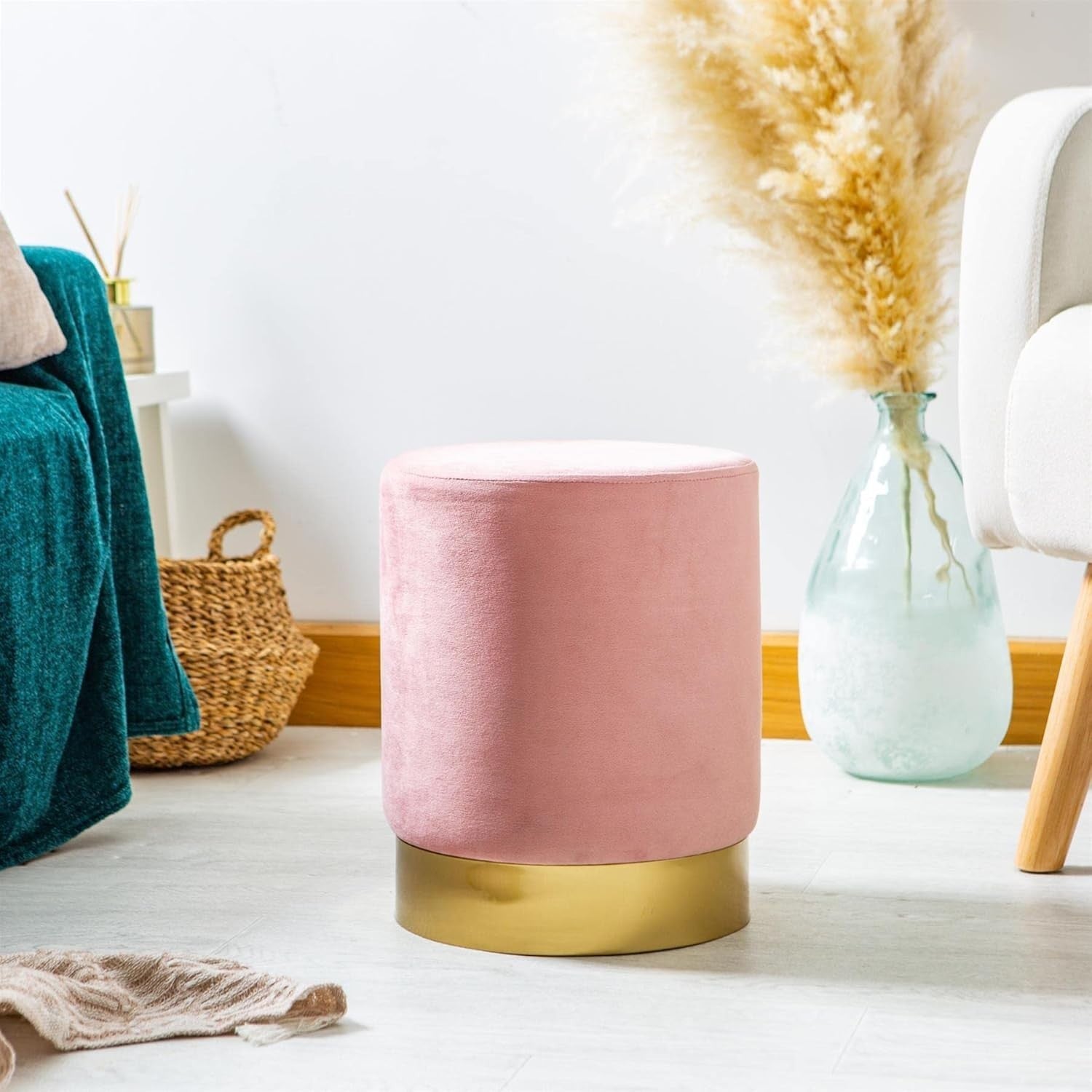 Pink Velvet Round Pouffe Footstool Modern Accent Seat 29x36cm