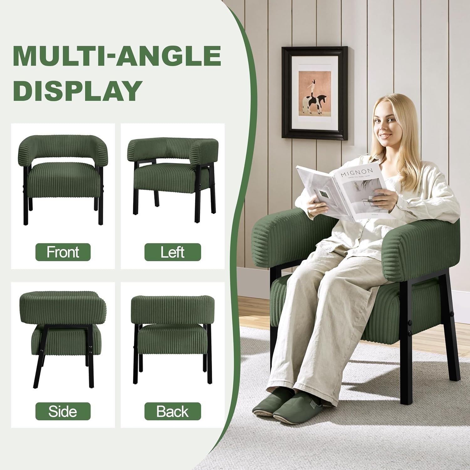 Corduroy Tub Chair Accent Armchair with Pocket Dark Green