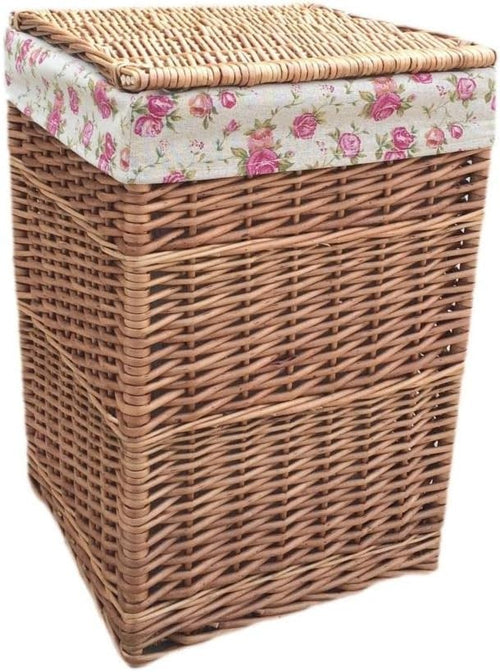 Small Square Wicker Laundry Basket with Lid & Floral Liner | Lightweight Storage