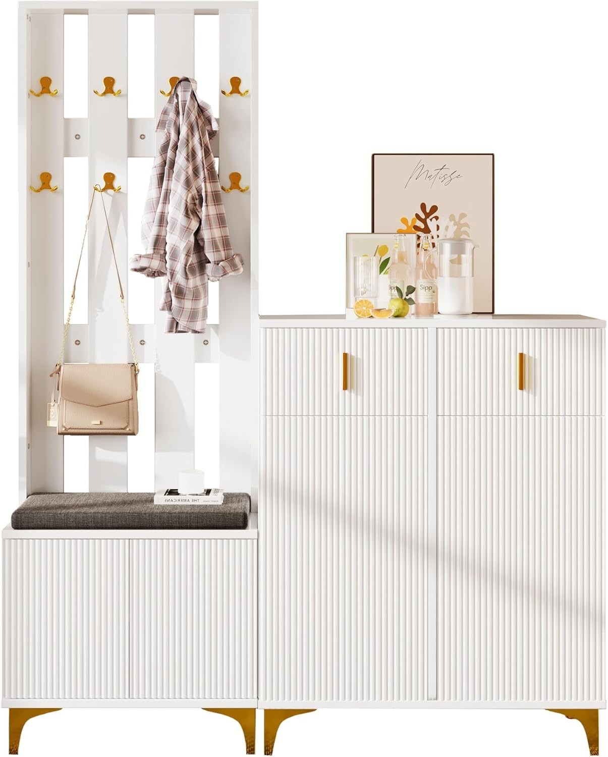Modern Hallway Coat Rack with Shoe Storage Bench & Drawers – White 180cm