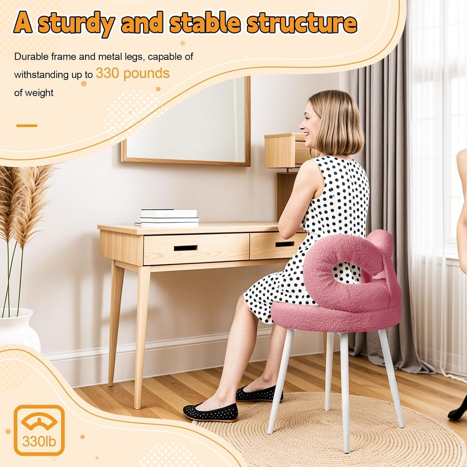 Pink Bowknot Vanity Chair Faux Wool Makeup Stool Adjustable Feet Modern