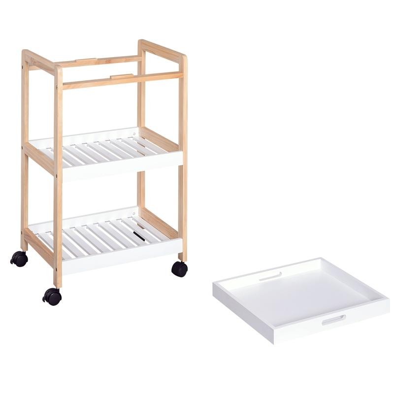 3-Tier Rolling Kitchen Trolley with Tray & Shelves – White Wood Storage