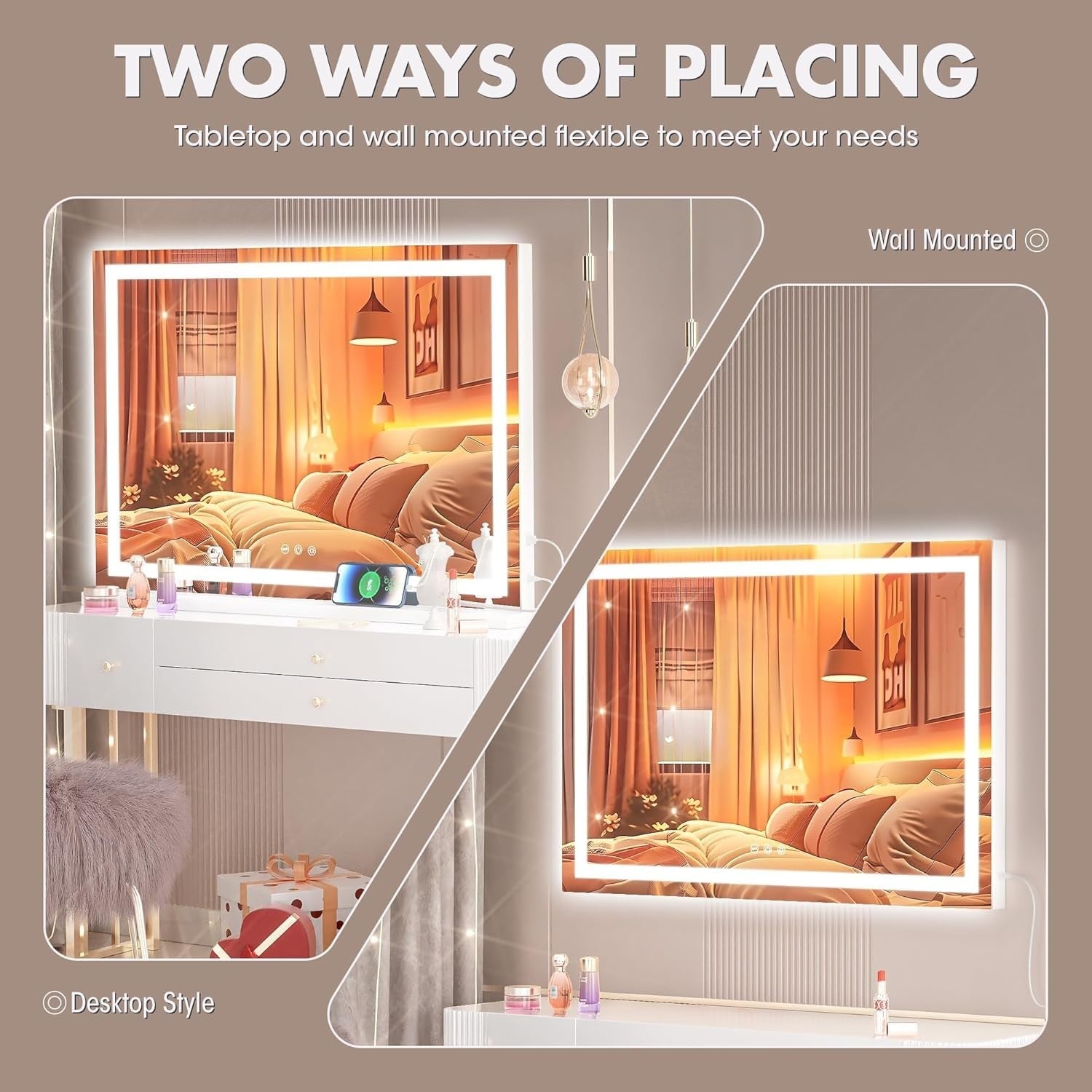 LED Vanity Mirror 80x50cm Wall/Table, 3 Light Modes, Touch Dimming Makeup
