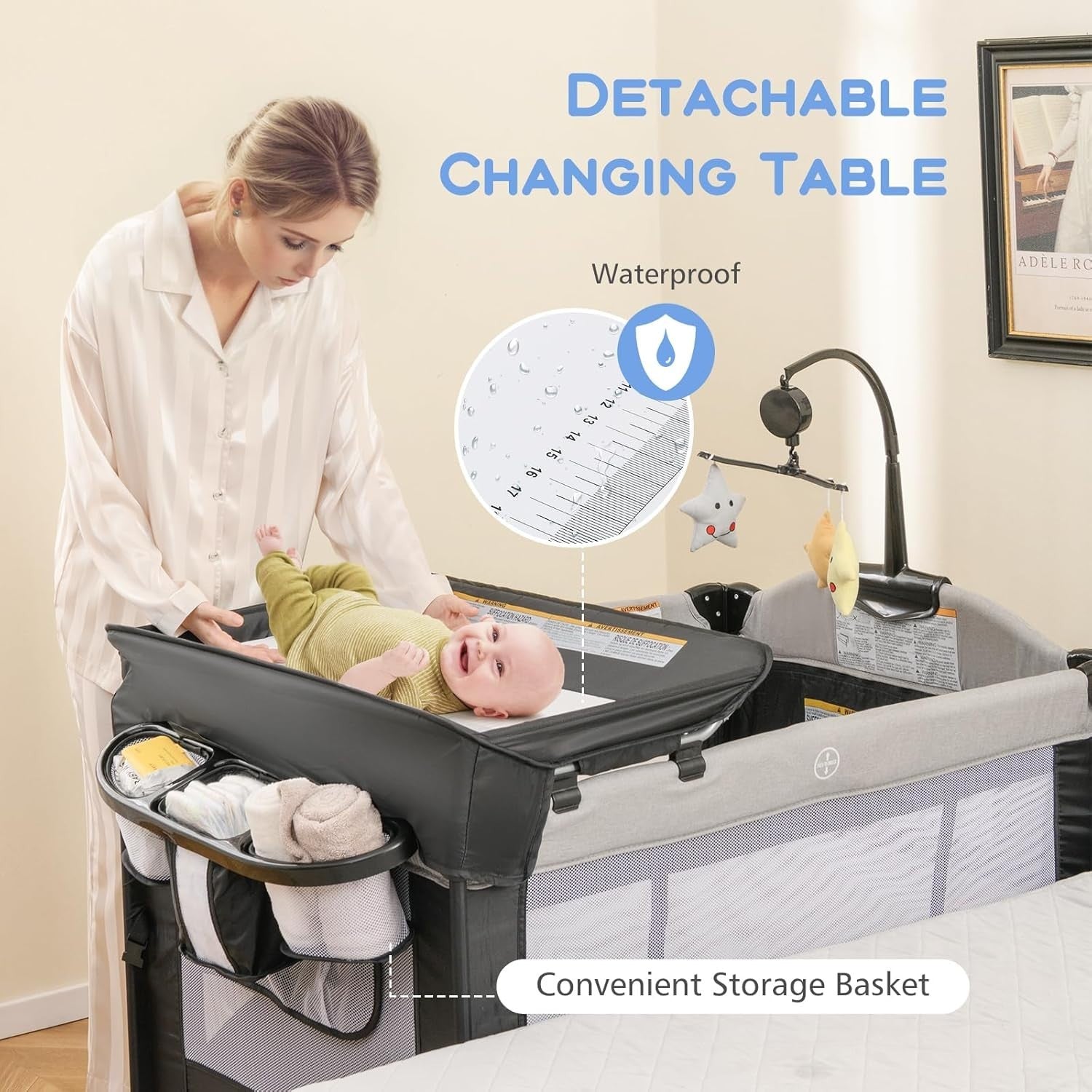 6in1 Baby Travel Cot Foldable Crib with Mattress, Changer & Storage Dark Grey