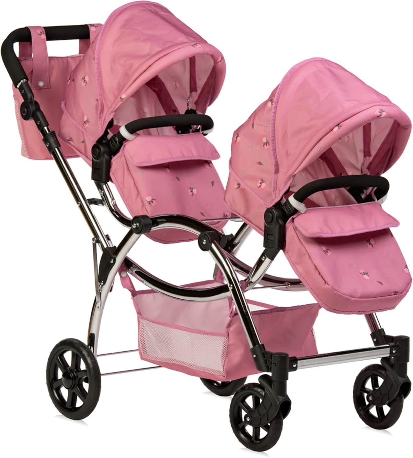Twin Dolls Pram Pink Adjustable Handle Lightweight Double Buggy for Kids