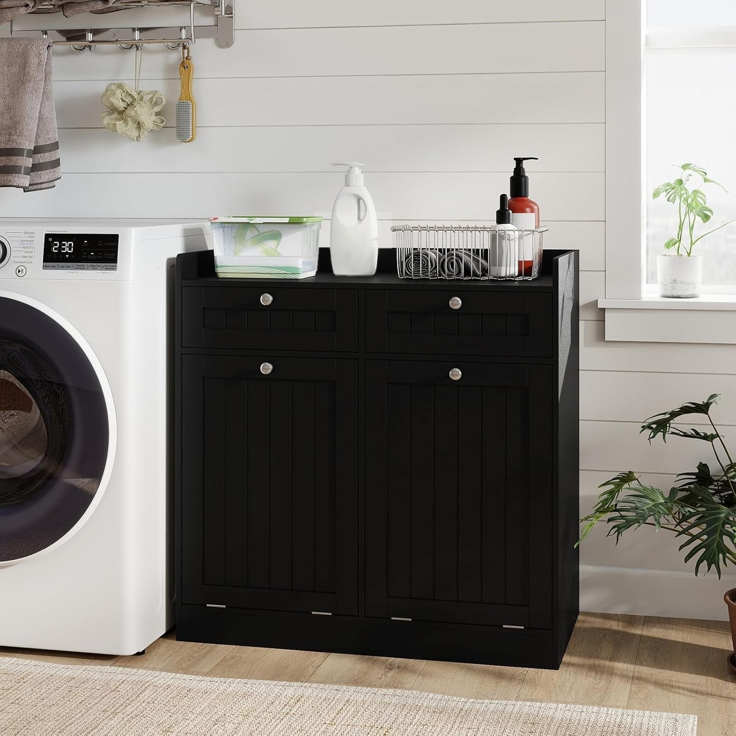 Black Tilt-Out Laundry Cabinet 2 Drawers 2 Hampers Modern Bathroom Storage Unit