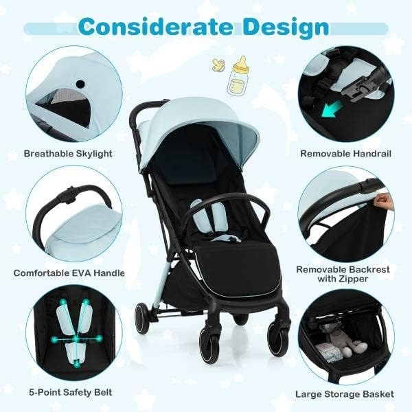Blue Baby Stroller One Hand Fold Lightweight Travel Buggy 5 Point