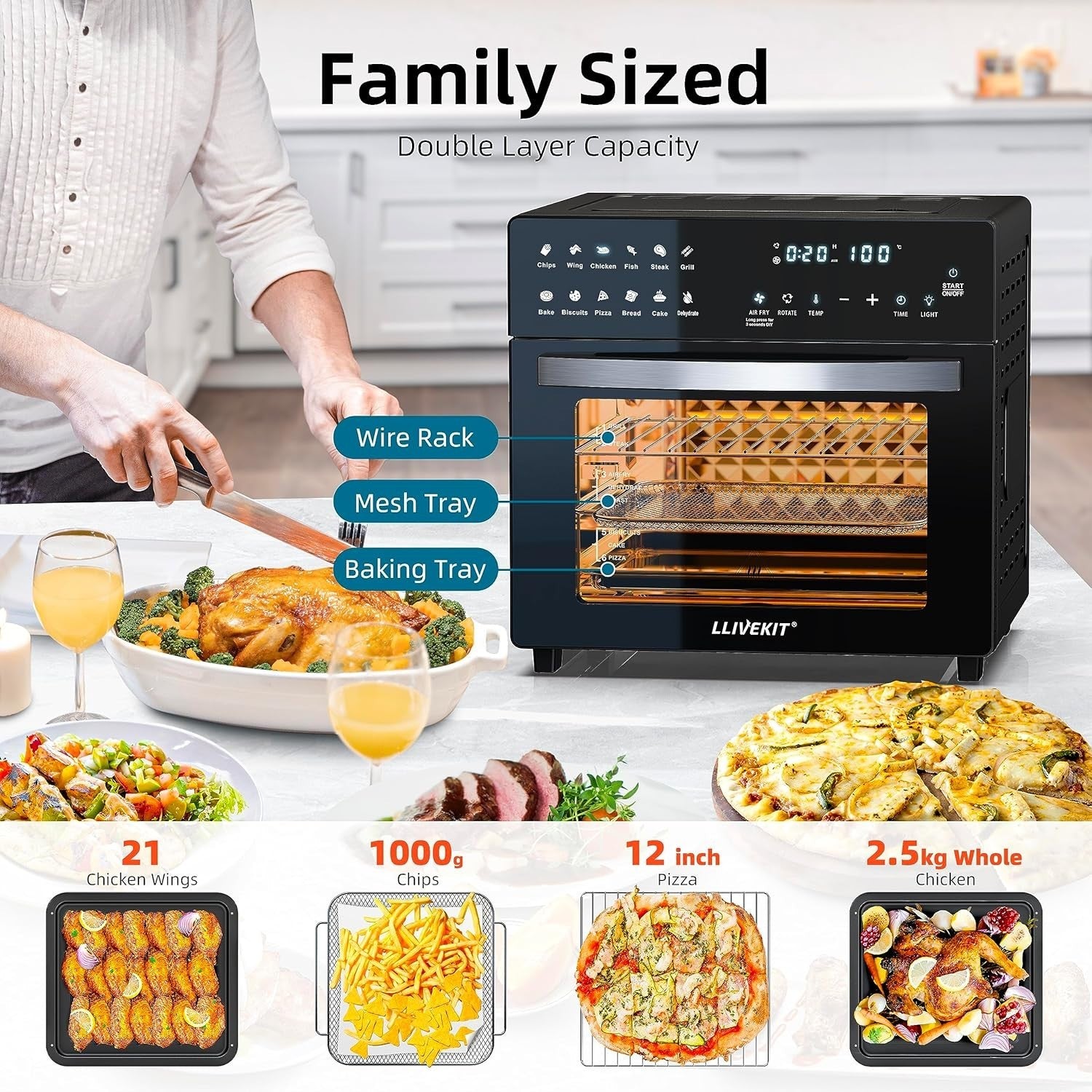26L Air Fryer Oven Rotisserie Touchscreen 12 Presets 1700W Low Fat XXL