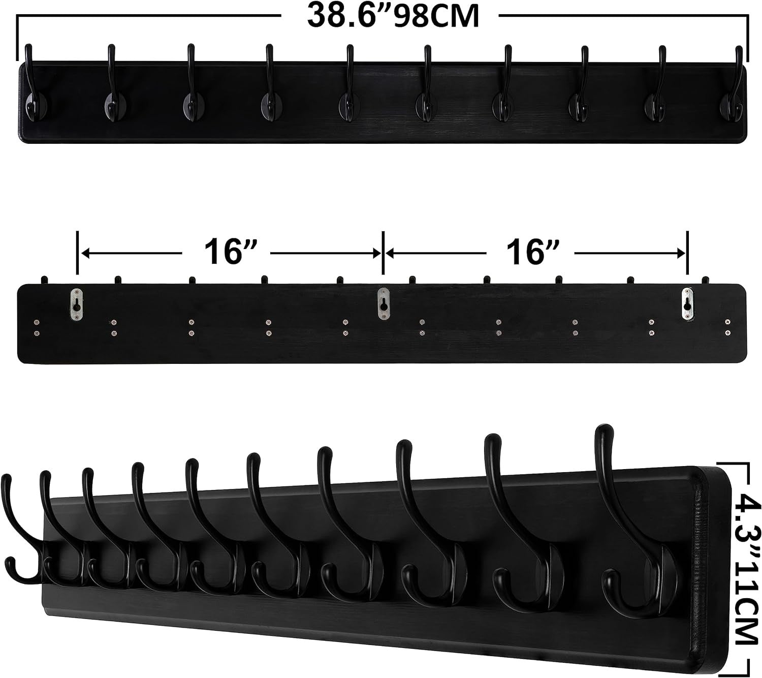 Black Solid Wood Wall Mounted Coat Rack with 10 Hooks | Modern Farmhouse