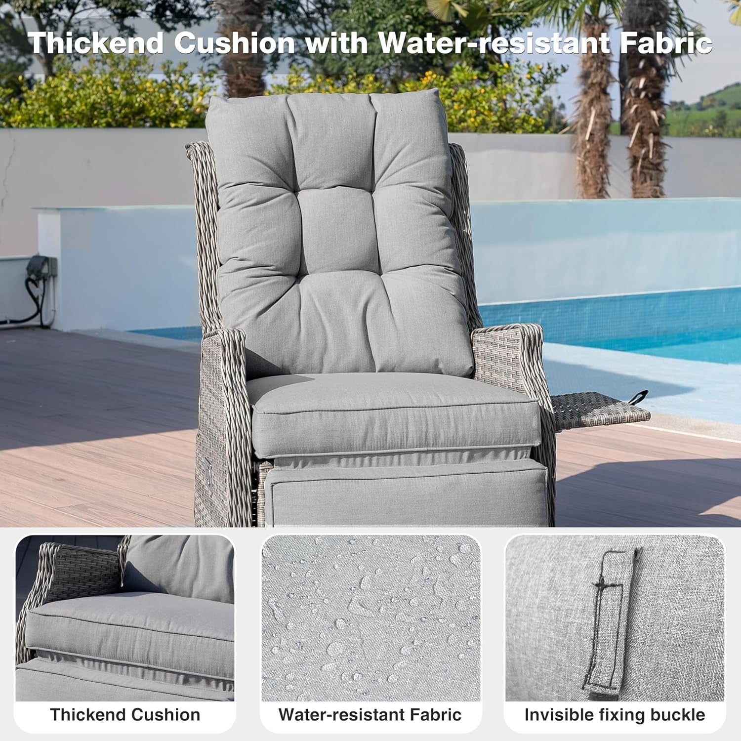 Rattan Recliner Sun Lounger Chair w/ Cushions & Flip Table – Light Grey