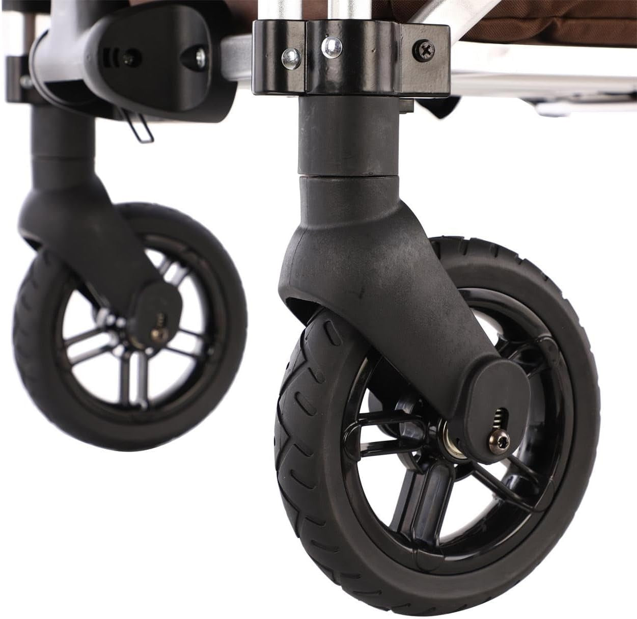 Brown 2-Seater Folding Stroller Wagon Kids Push Pull All-Terrain Cart w/ Canopy