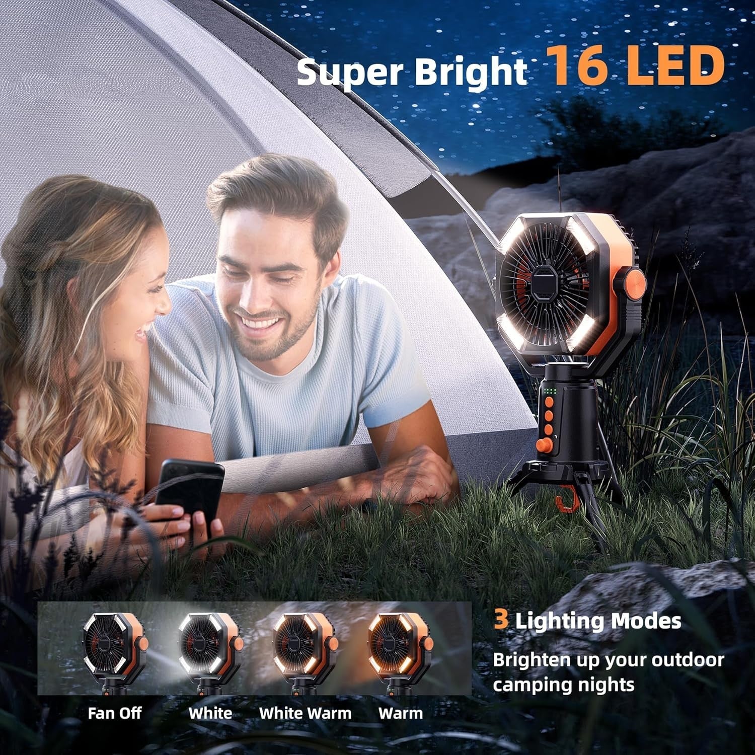 Portable Tripod Fan – 20000mAh Rechargeable LED Camping Fan w/ Remote Orange