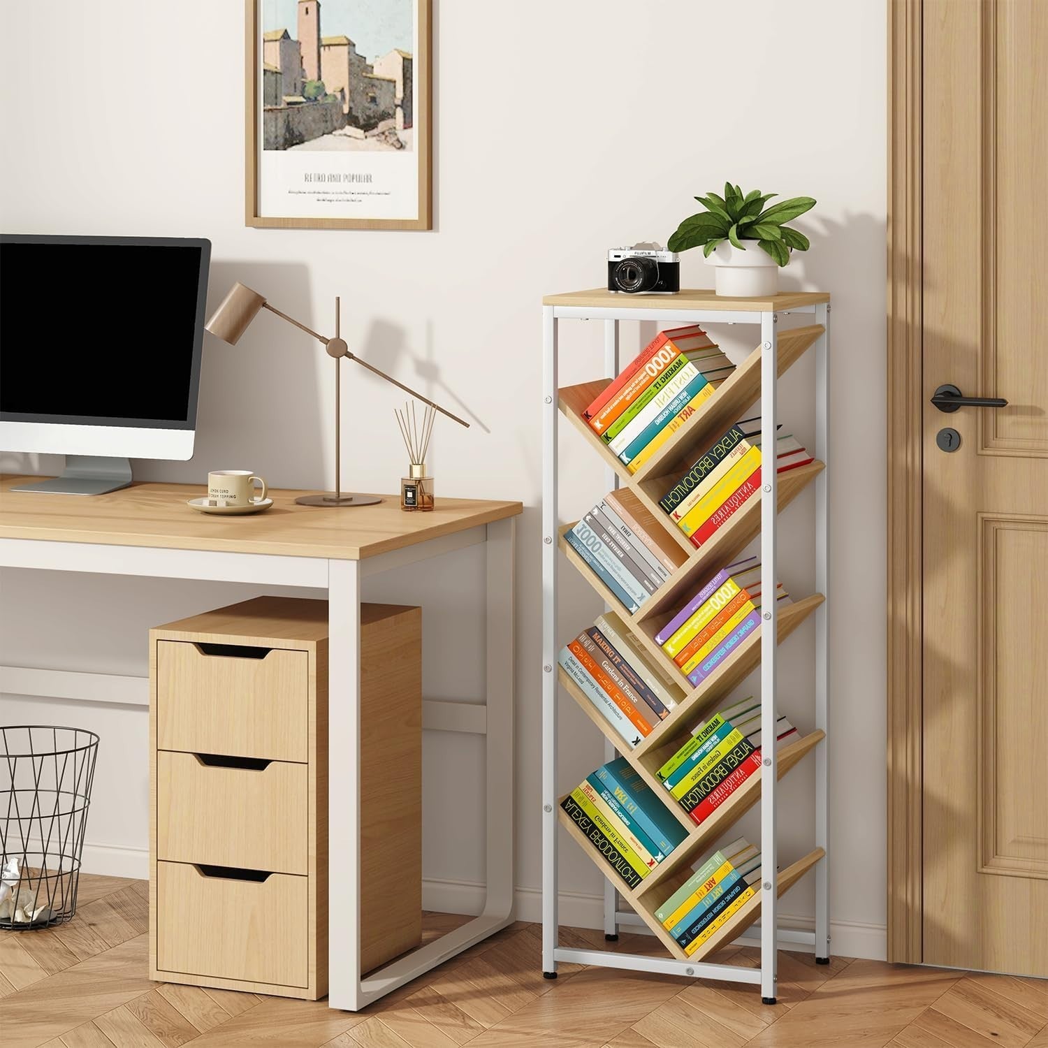 9-Tier Tree Bookshelf Wooden Floor Standing Corner Bookcase Narrow Space