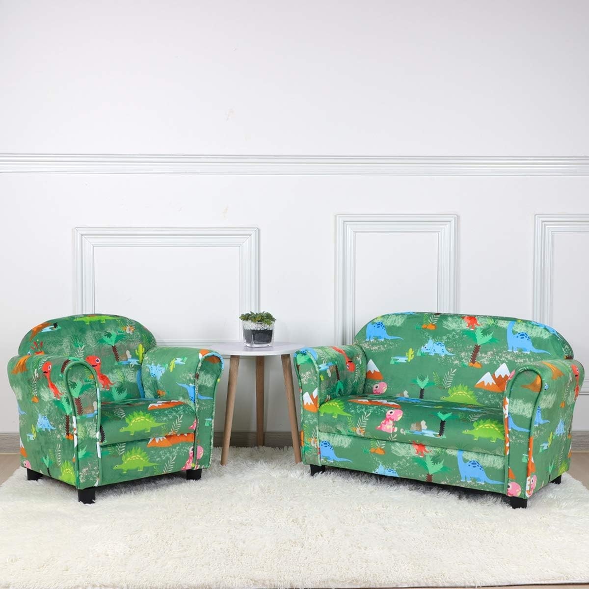 Kids 2 Seater Sofa Chair Dinosaur Pattern Upholstered Velvet Couch Green