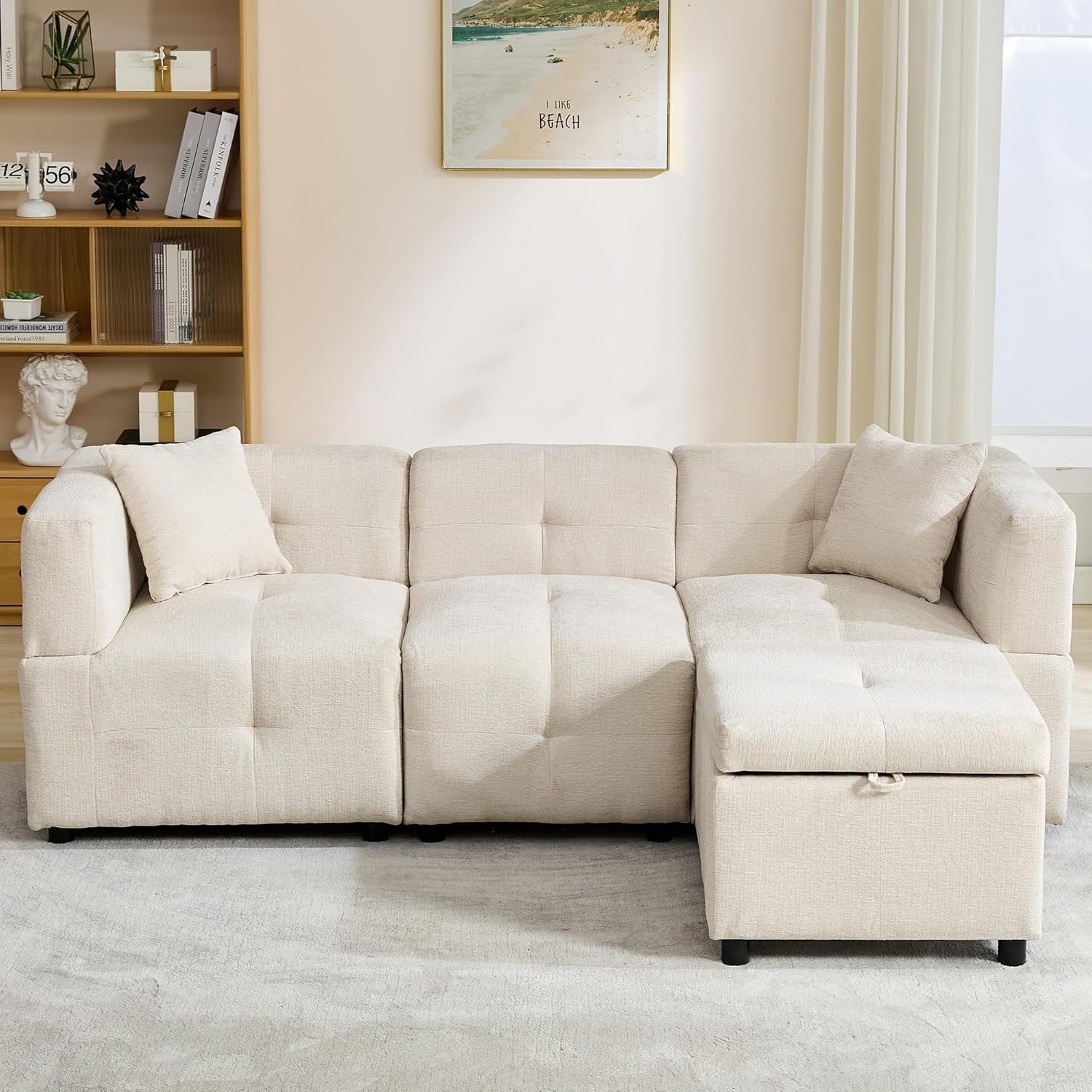 L Shape 3 Seater Sofa Bed with Storage Ottoman Beige Corner Couch Home