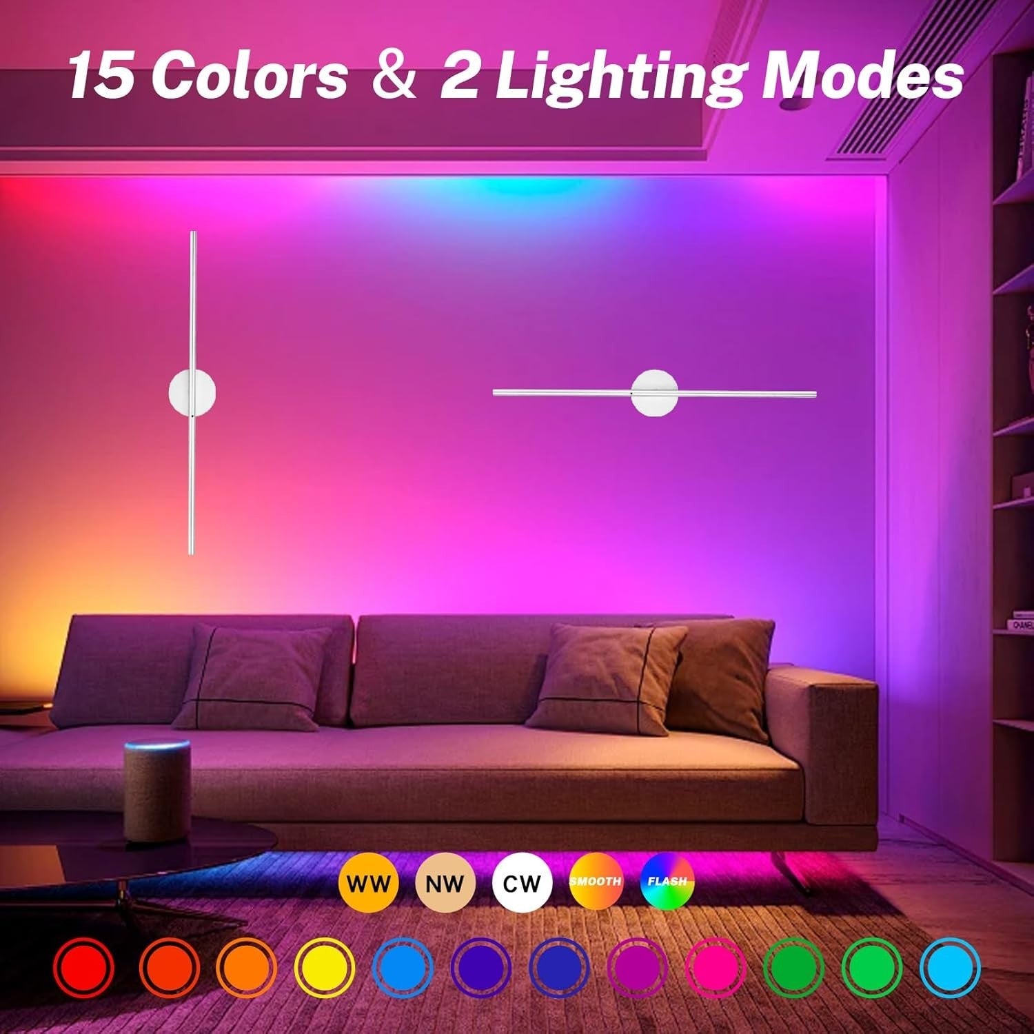 Rechargeable LED Wall Lights 15 Colors Remote Touch Dimmer 80CM Battery