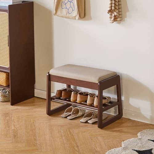 Walnut 2-Tier Wooden Shoe Storage Bench with Flip-Top & Cushion Seat – 60cm