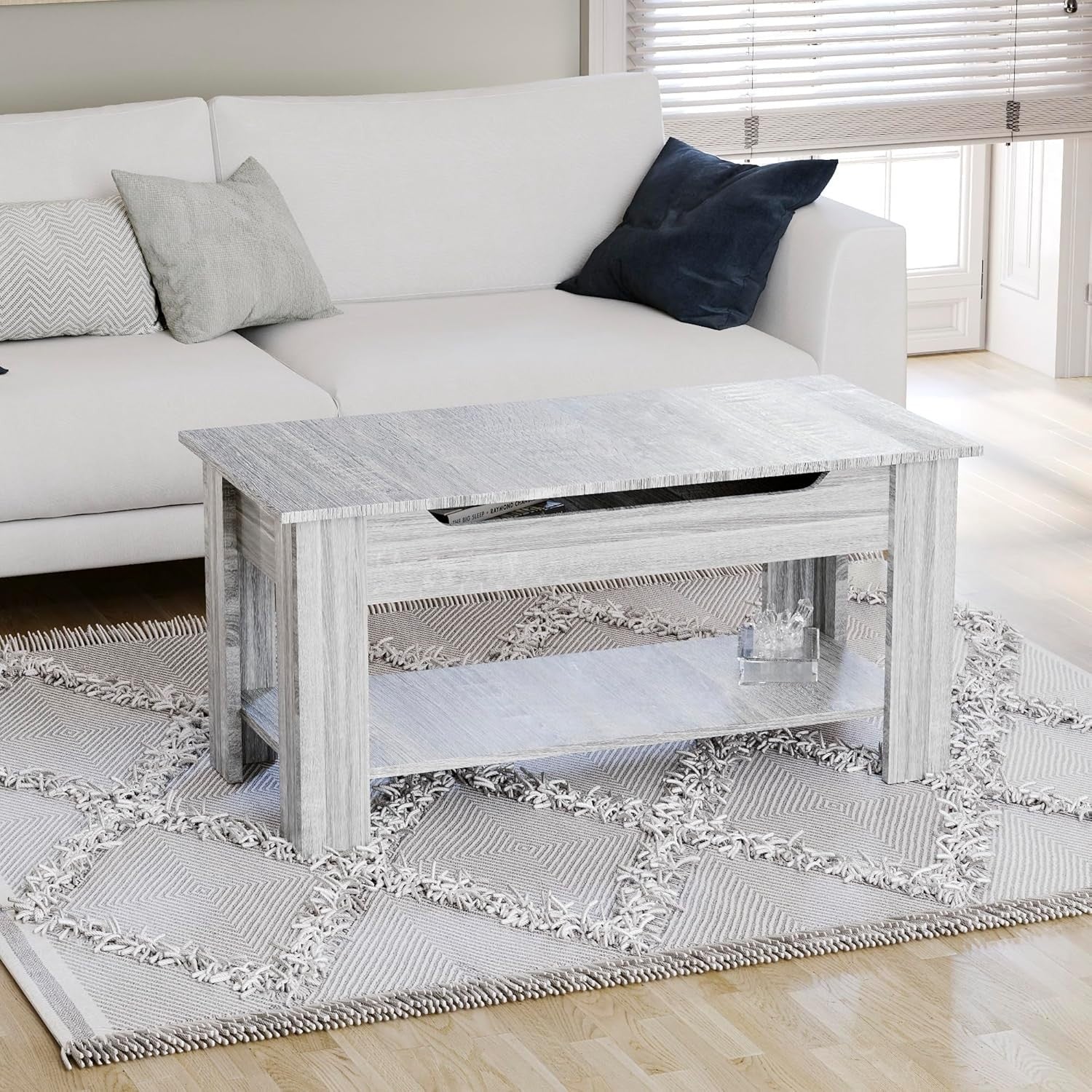 Lift Top Coffee Table with Hidden Storage & Shelf – Grey Wood – 100x48cm