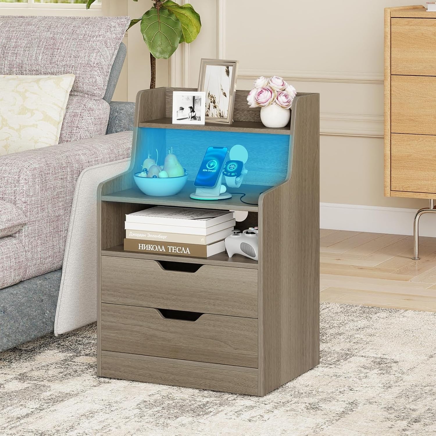 LED Bedside Table with Charging Station, Drawers & RGB Lighting Storage Unit