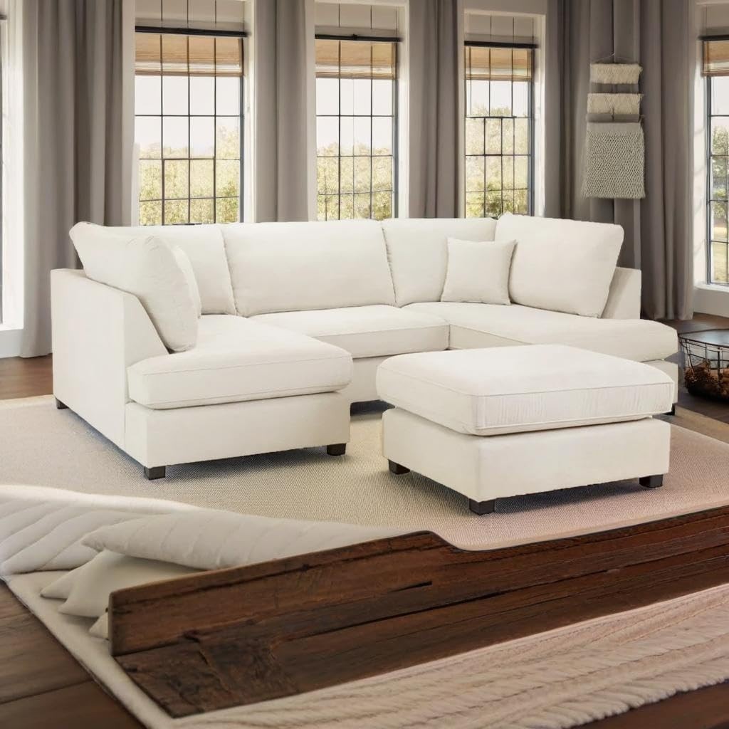Cream U Shape Corner Sofa 6 Seater – 4pc Modular Cinema Couch with Footstool