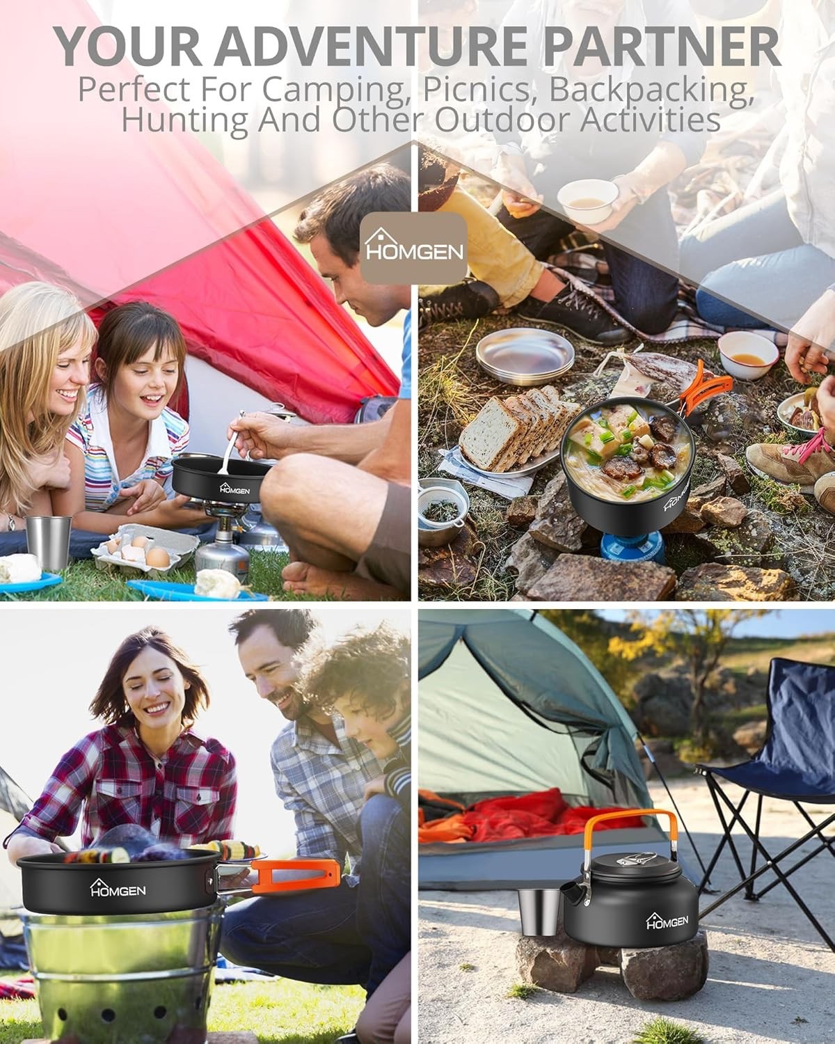 Orang Camping Cookware Set with Pot Frying Pan, Kettle & Utensils for 2–3 People