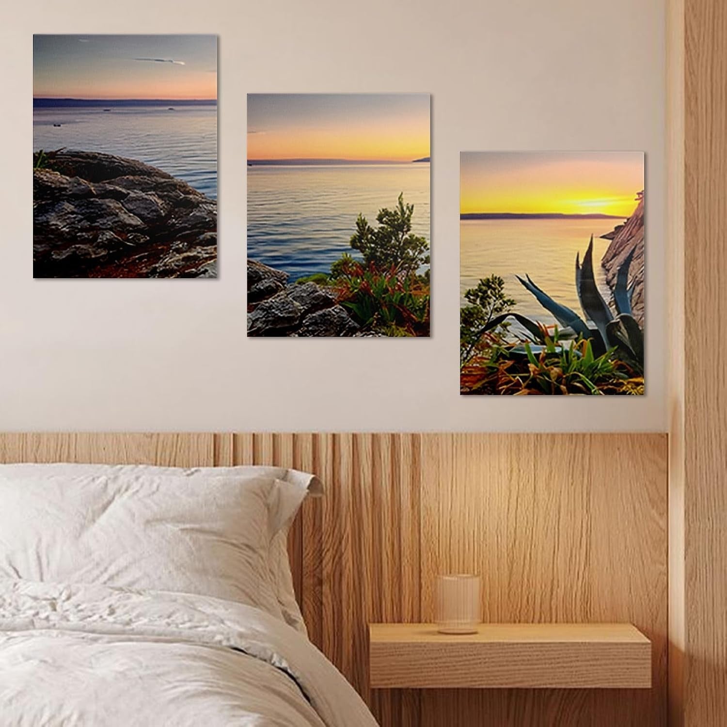 Framed Sea Sunset Canvas Wall Art Set of 3 16x12 Ocean Panel Decor