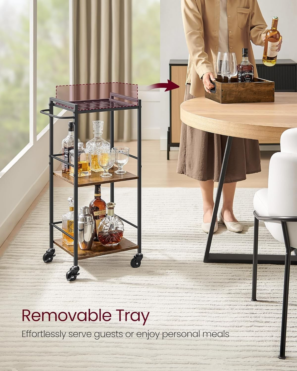 Slim Kitchen Serving Cart on Wheels 3 Tier Utility Trolley with Removable Tray