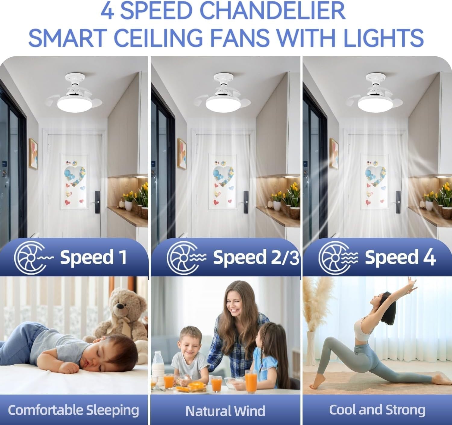 Ceiling Fan Light, 40W Retractable Smart Fan, 4 Speeds, 3 Colors, Remote, LED