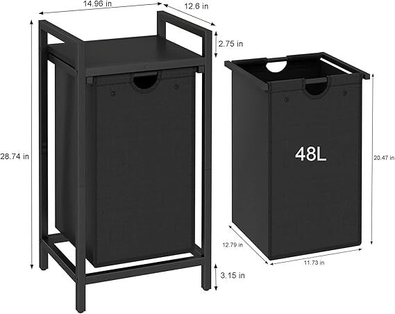 Black Walnut Laundry Hamper with Removable Bag & Wood Top Shelf for Small Spaces
