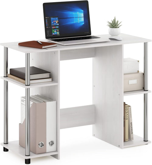 Compact Computer Desk 97cm Study Table with Shelves White Oak Office Workstation