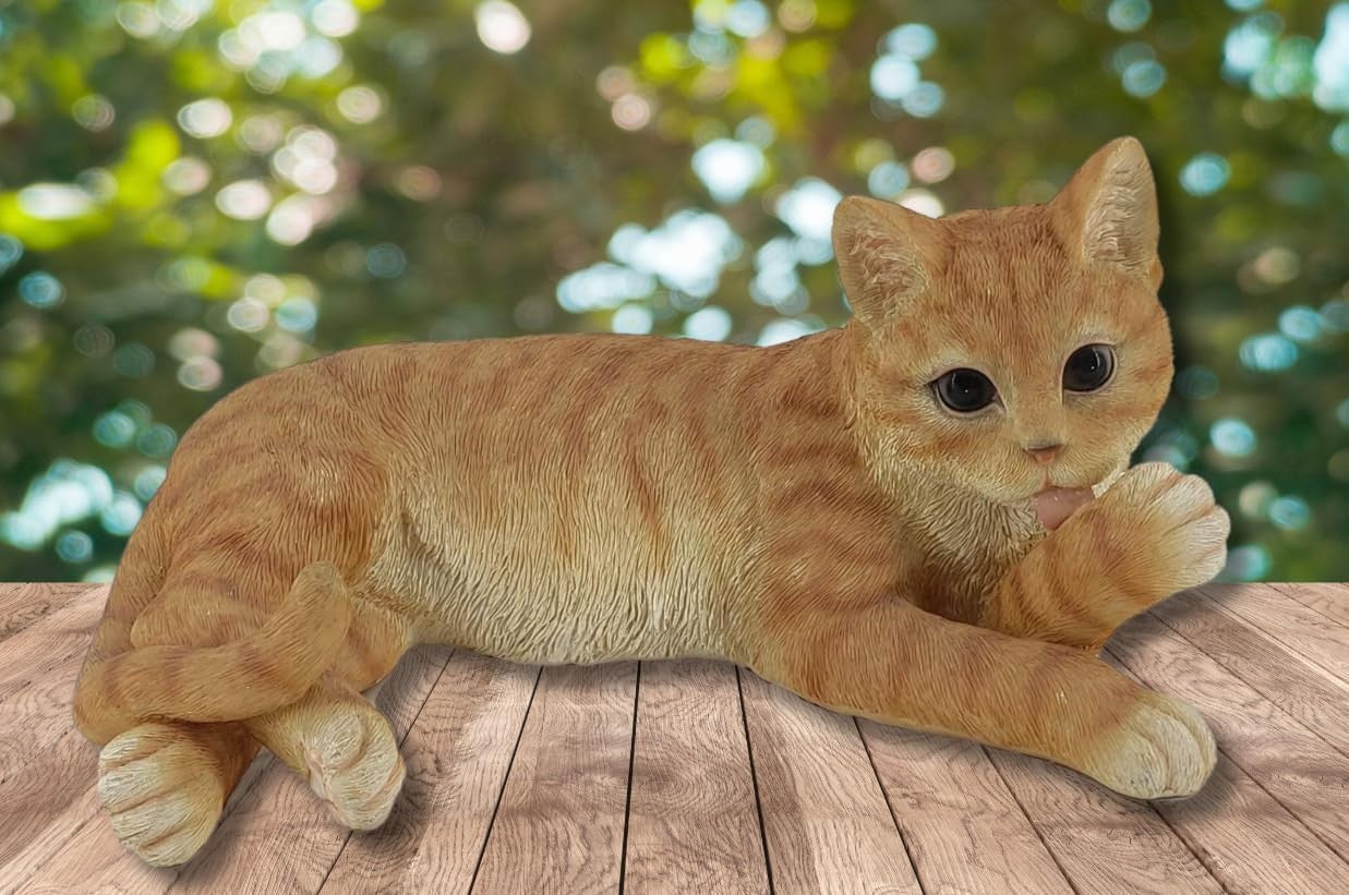 Realistic Orange Tabby Cat Statue Polyresin Garden Ornament Weatherproof Laying