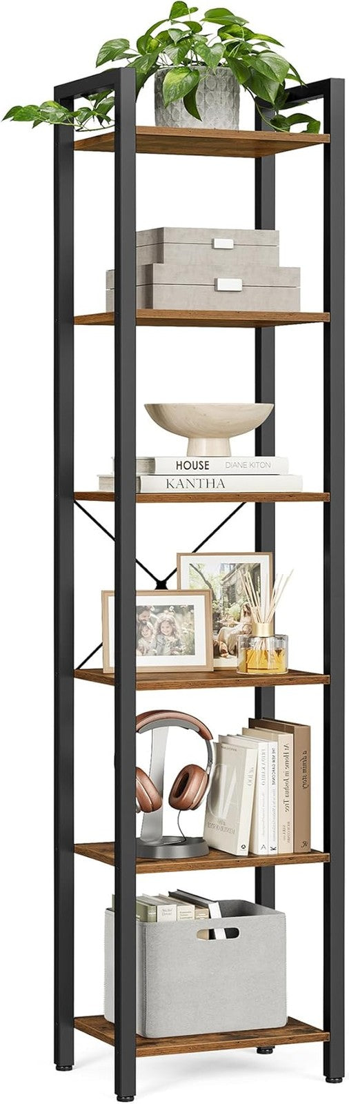 6-Tier Tall Industrial Bookshelf Slim Rustic Brown Metal Storage Rack