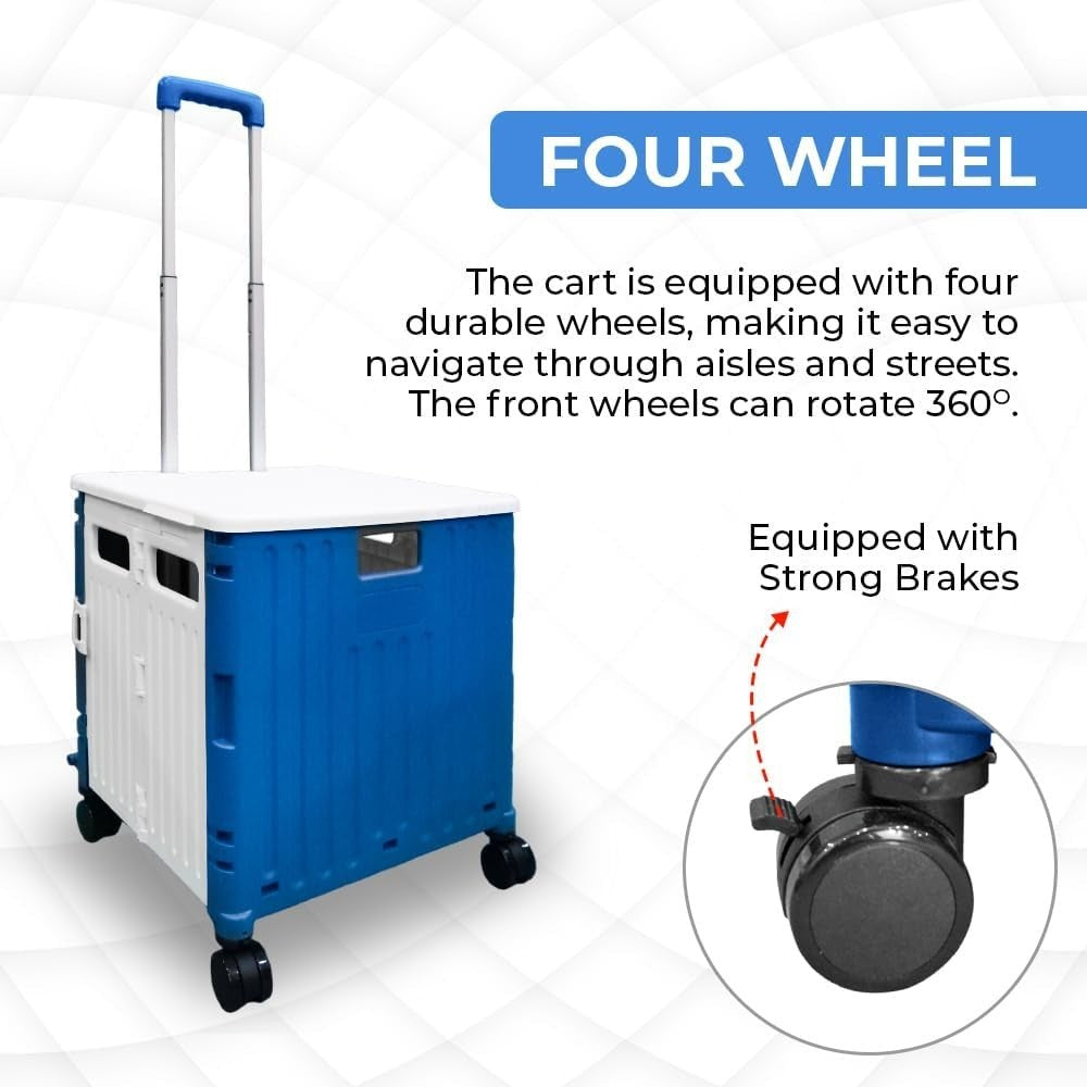 50L Folding Shopping Trolley Cart 4 Wheels Lid 40kg Pull Along Utility